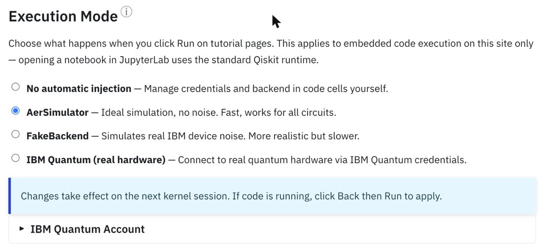Le paramètre Mode d'exécution : AerSimulator, FakeBackend ou IBM Quantum (matériel réel).